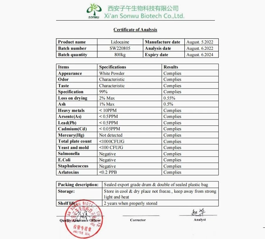 COA of Lidocaine Powder